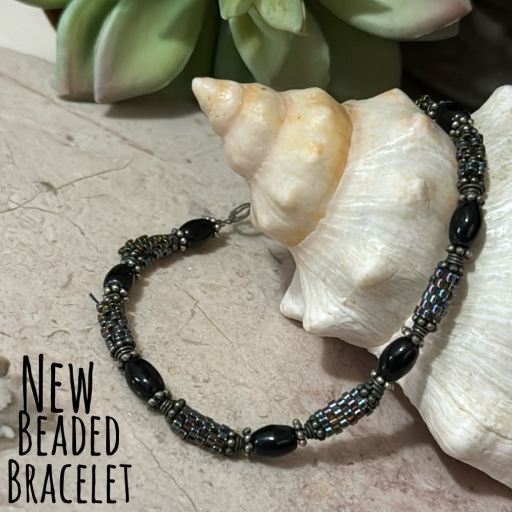 New Handmade Beaded Bracelet-Black & Iridescent Seed Beads-Silver Hook Closure